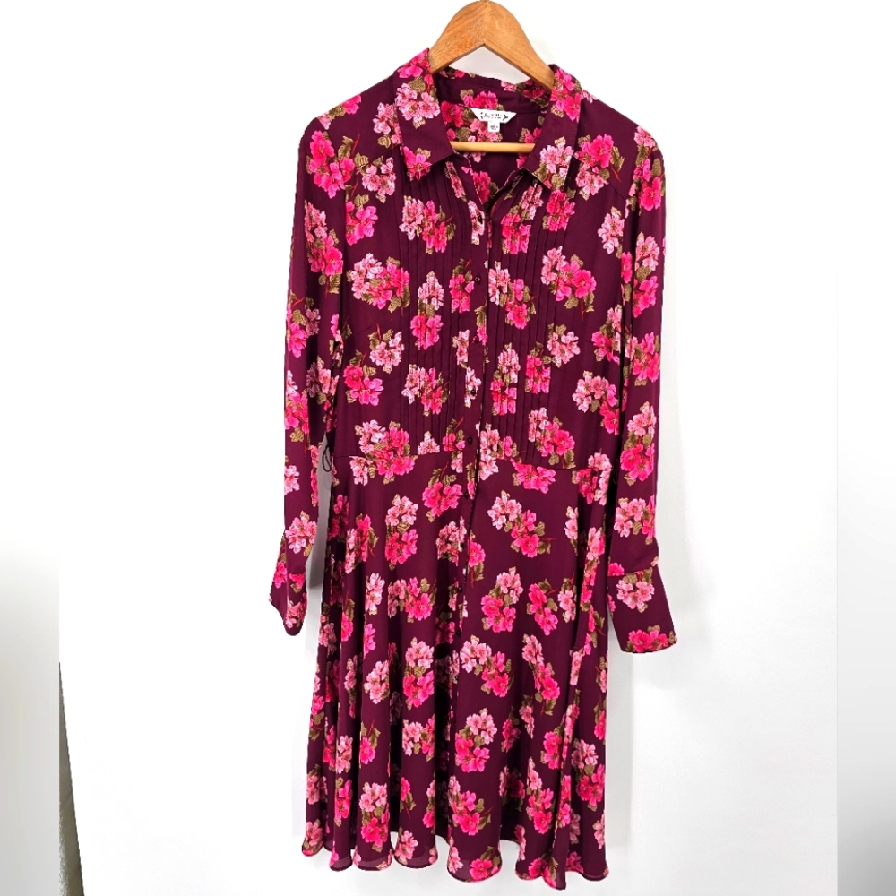 Nanette Lepore Wine & Hot Pink Floral Shirt Dress